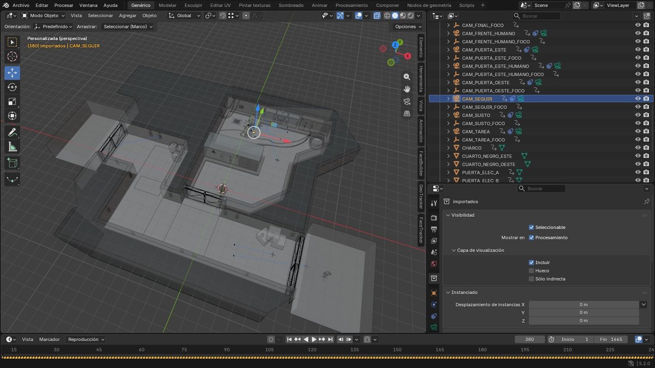 Vista general del escenario de Among Us en Blender con las cámaras