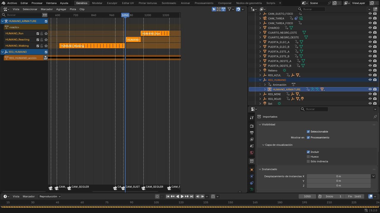 Editor NLA de Blender con las tiras Walking, Reacting y Run