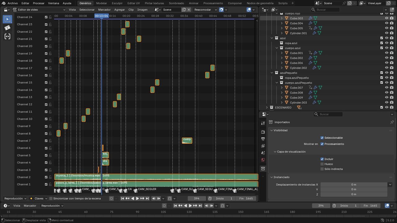 Editor de secuencias de video de Blender con las tiras de sonido