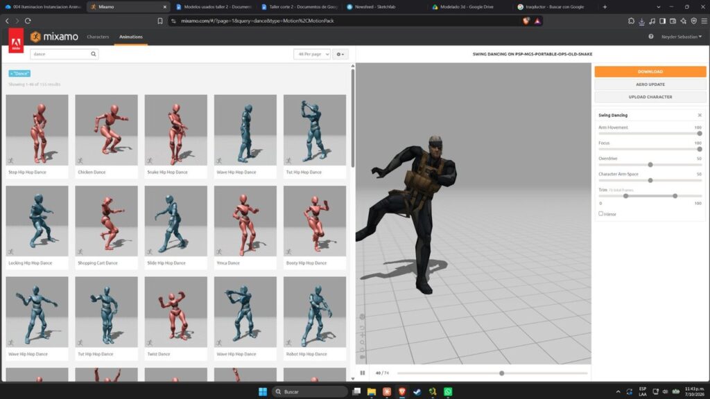 Animación de baile aplicada a Snake en Mixamo