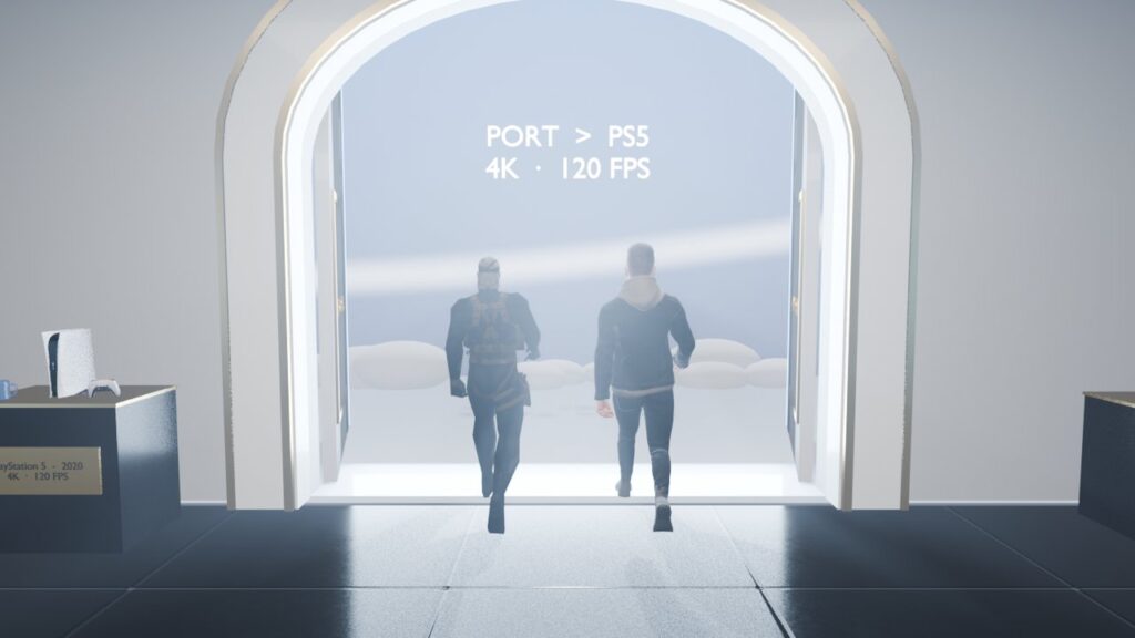 Cinemática en Blender: personajes escapan por las puertas del museo hacia el mundo PS5