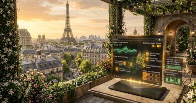 Holograma conceptual de Space Journey Trip Saver proyectando telemetría acústica y rutas de calma sobre los tejados de París al atardecer