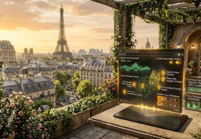 Probamos Space Journey Trip Saver: La extensión de viajes que desafía al turismo masivo Holograma conceptual de Space Journey Trip Saver proyectando telemetría acústica y rutas de calma sobre los tejados de París al atardecer