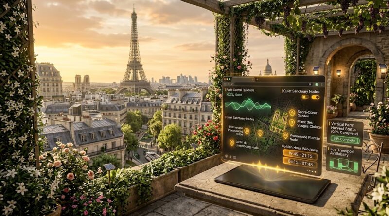 Probamos Space Journey Trip Saver: La extensión de viajes que desafía al turismo masivo Holograma conceptual de Space Journey Trip Saver proyectando telemetría acústica y rutas de calma sobre los tejados de París al atardecer