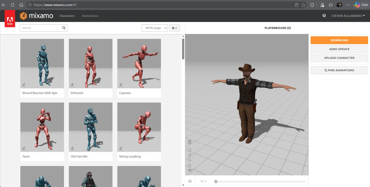 cinemática western en Blender: vaquero rival cargado en Mixamo en pose T