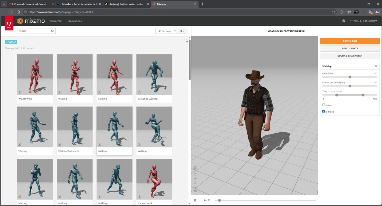 Configuración de la animación de caminar en Mixamo