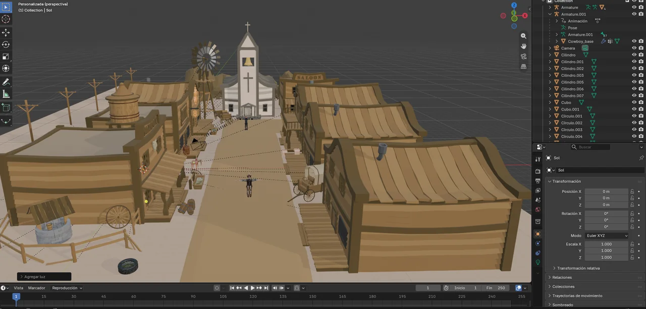 cinemática western en Blender: escenario del pueblo con los personajes