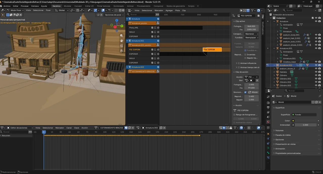 cinemática western en Blender: editor de animación no lineal y editor de acciones