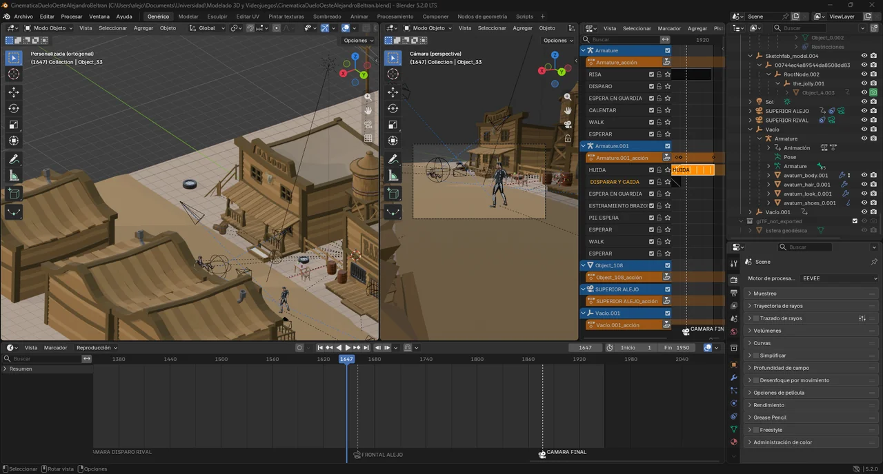 cinemática western en Blender: marcadores de cambio de cámara y motor EEVEE