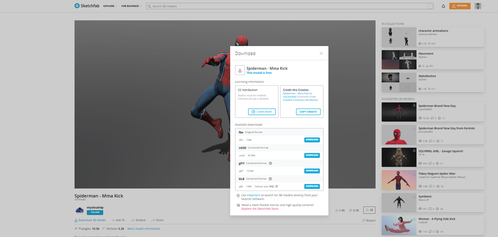 Pantallazo de como descargar el modelo de Spider-Man