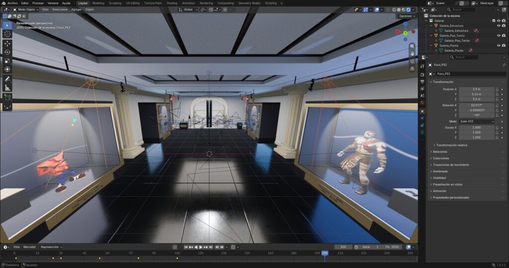 Focos instanciados con color cálido en Blender