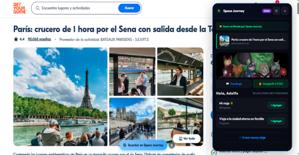 Interfaz de Space Journey Trip Saver abierta en el navegador Google Chrome capturando un destino en Europa