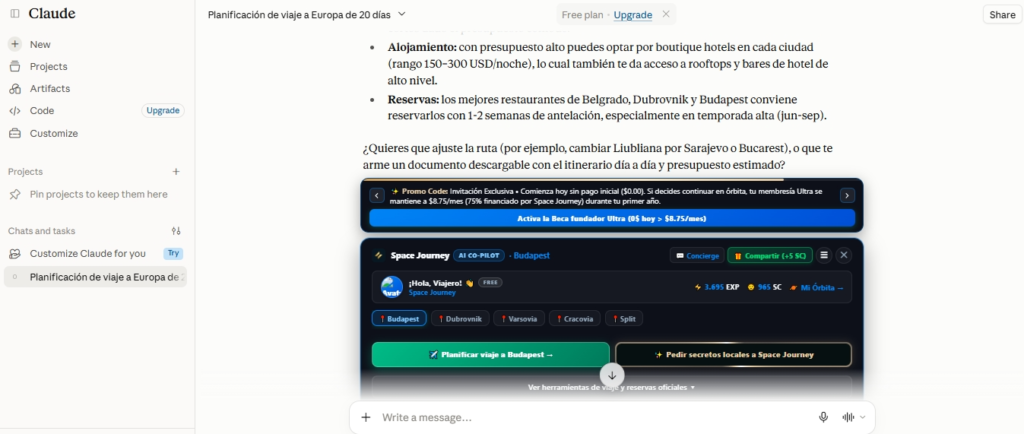 Extension de Space Journey Trip Saver, sugiriendo mejoras en un itinerario de viaje creado por IA con Claude