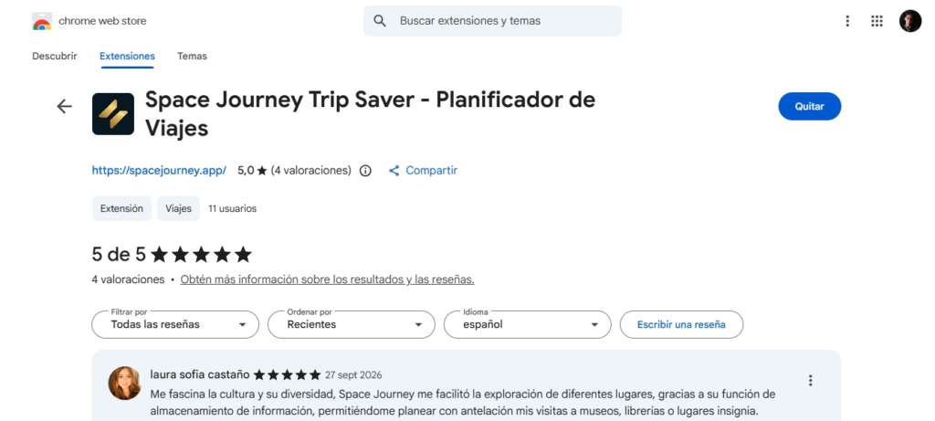 Ficha de instalación de Space Journey Trip Saver en Google Chrome Web Store