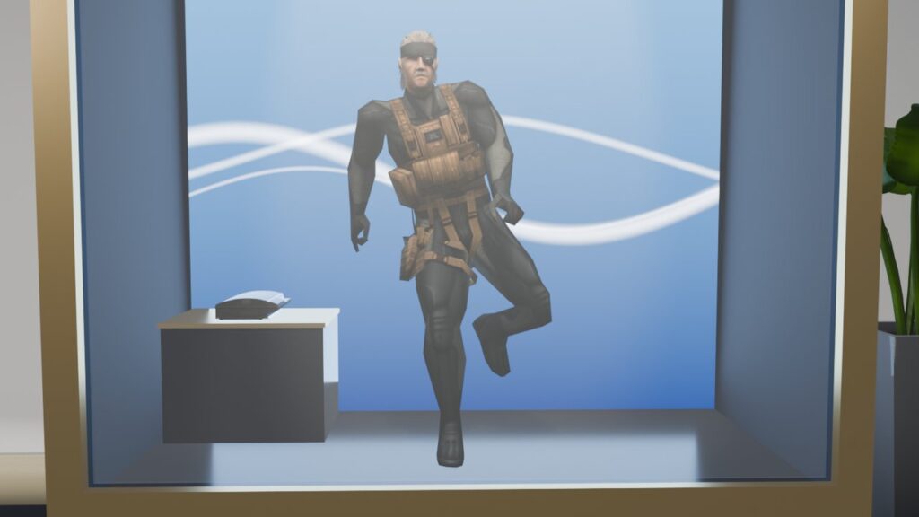 Snake atrapado en la vitrina de PS3 dentro de la cinemática en Blender
