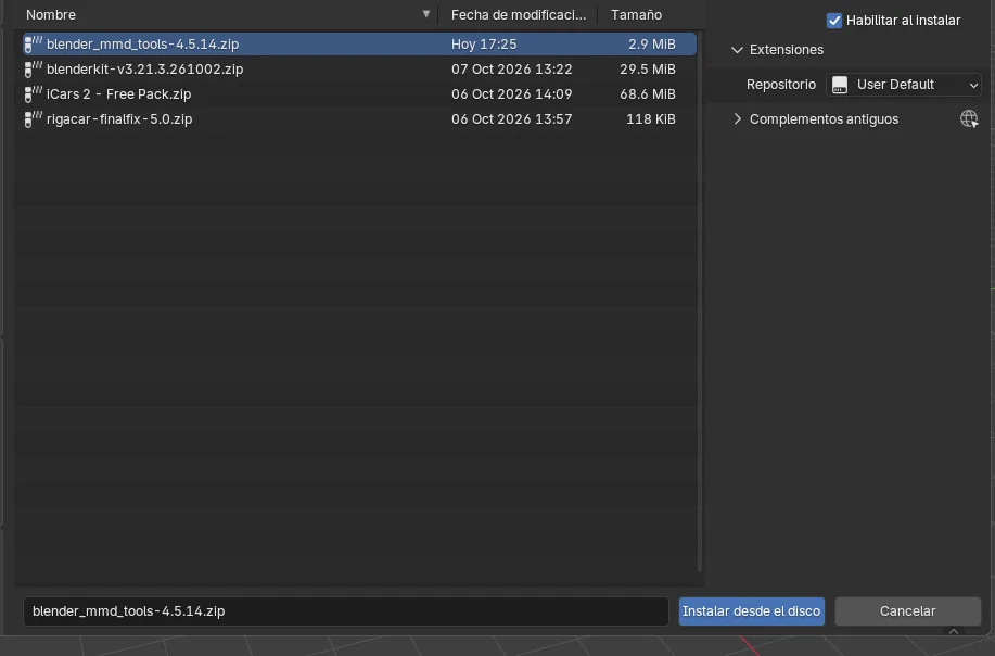 MMD en Blender: complemento MMD Tools activado.