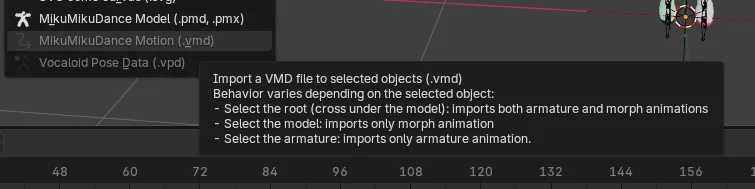 MMD en Blender: botón deshabilitada, función de importar el movimiento .vmd aplicado a modelo MMD.