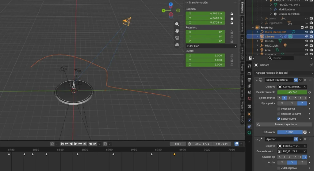 MMD en Blender: Configuración de la cámara con la trayectoria bezier.