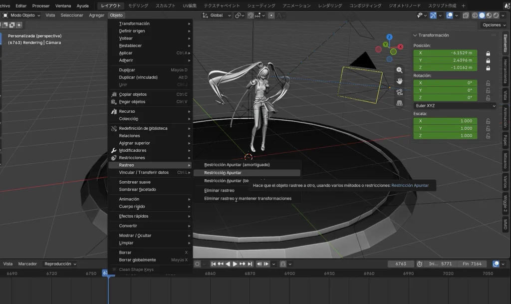 MMD en Blender: Configuración de la cámara con rastreo al modelo.